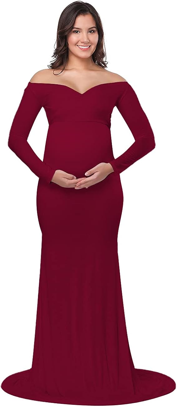 JustVH Maternity Elegant Fitted Maternity Gown Long Sleeve Cross-Front V Neck Slim Fit Maxi Photography Dress for Photoshoot at  Women’s Clothing store