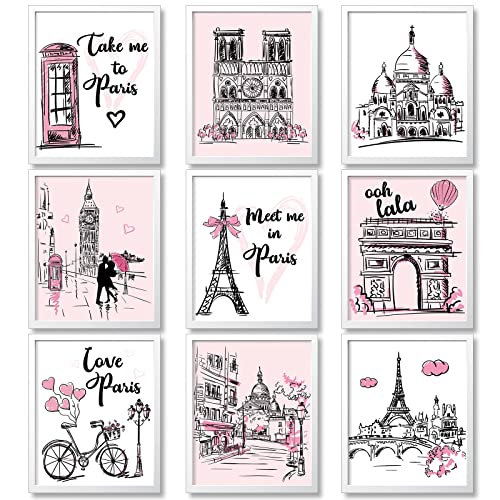 Pajean 9 Pieces Paris Decor for Bedroom Bathroom Pink Paris Wall Art Eiffel Tower Romantic Art Prints Room Decor Unframed Poster for Girls Living Room Decorations, 8 x 10 Inch