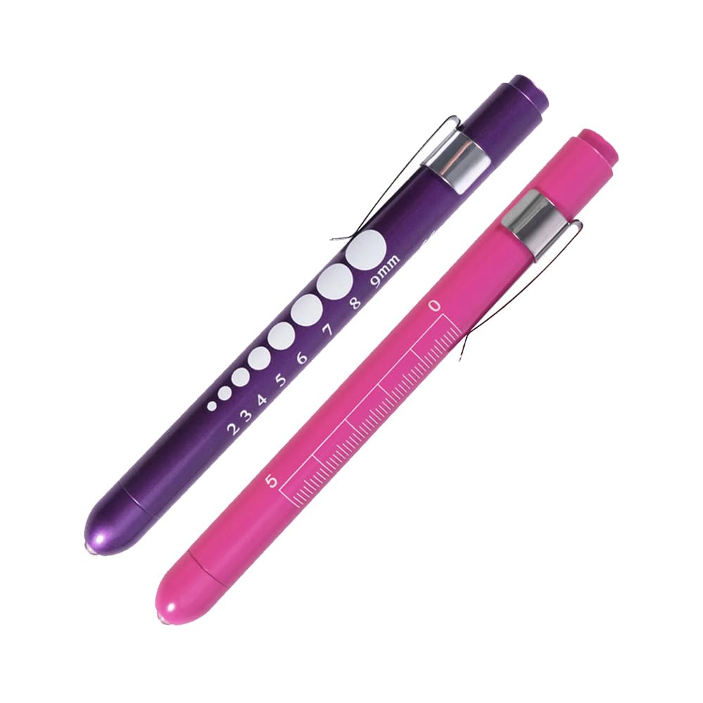 Aokin Pen Light with Pupil Gauge, Reusable LED Penlight Medical for Doctor Nurse Diagnostic etc, White Light, Rose and Purple
