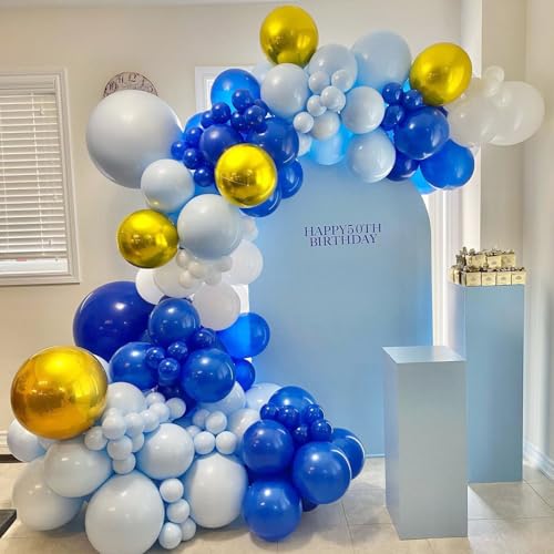 Image of BAUANOOY Royal Blue Gold White balloons, 60pcs 12 Inch Navy Blue Metallic Gold Confetti Balloon for Wedding Graduation Baby Shower Birthday Decorations