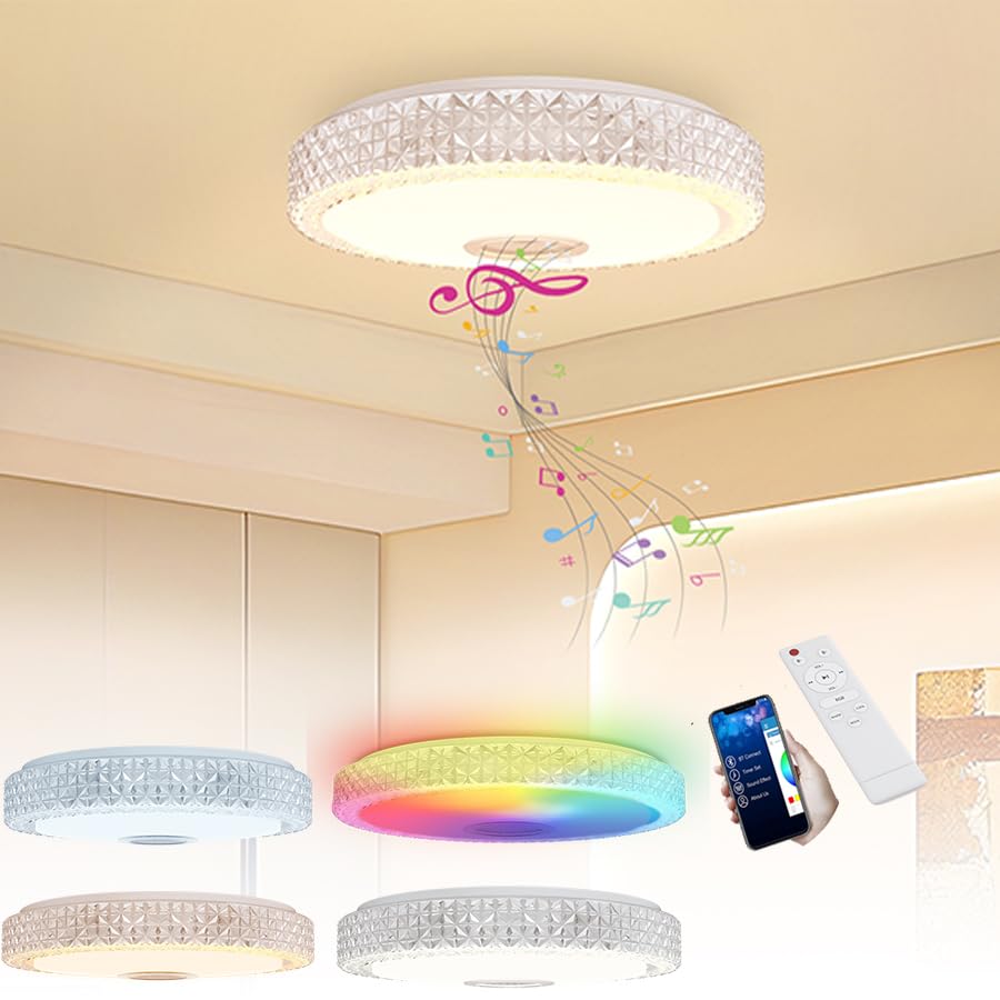 SAILUN 60W RGB LED Ceiling Light with Bluetooth Speaker Music Sync, Dimmable Flush Mount Close to Ceiling Light, APP & Remote Control Star Crystal Ceiling Light for Bedroom Living Room Kids Room
