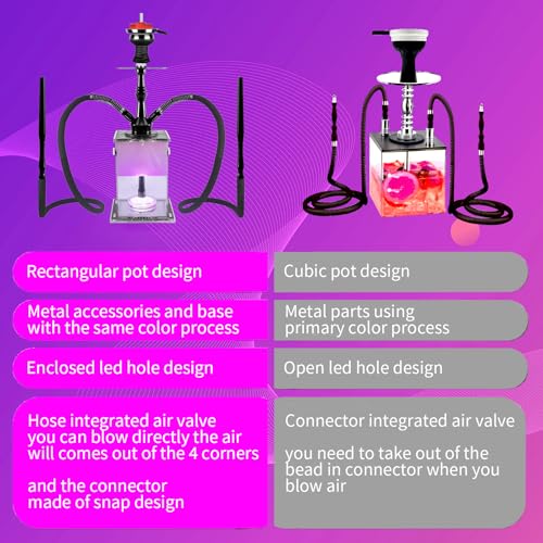 Hookah 2 Hose Hookah Set with Everything Modern Cube Hookahs Shisha Hookah With Hookah Accessories LED Lights Hookah Bowl (Black) - Image 5