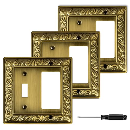 Antique Brass Decorative Wall Plate Light Switch Cover Decorator Outlet Covers Rocker Switch Plates Metal Material Wall Plates for Kitchen Bathroom (2 Gang Toggle/Decorator-3 Pack) by Ranweydi - Used condition - US$16.14