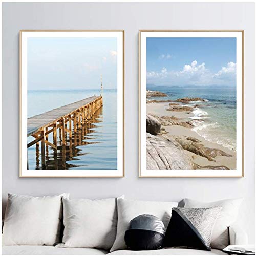 Tableau plage pont bleu ciel pour salon 50x70cm sans cadre lyflyuwf