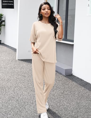 Image of JiniGolla Womens Pajama Sets Waffle Knit Short Sleeve Shirt with Long Pajama Pants Soft Sleepwear Pj Lounge Sets