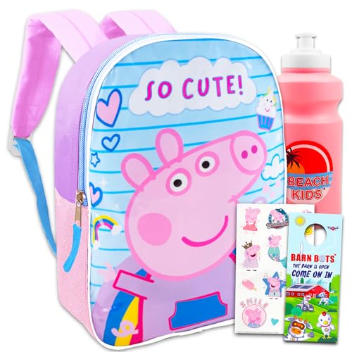 Peppa Pig Mochila para niñas - Paquete con mochila Peppa Pig de 15 pulgadas, calcomanías, botella de agua, más | Juego de mochila preescolar Peppa Pig, Peppa Pig Mochila, Peppa Pig Travel Bag