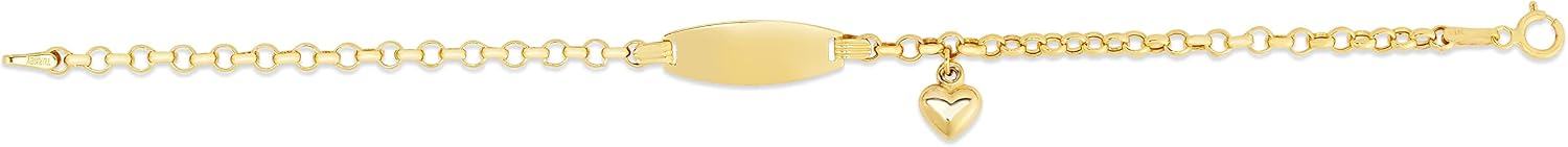 14 Karat Gold Polished Shiny Round Cable Link+1 Puffed Drop Heart ID Children's Jewelry Bracelet with Lobster Clasp, 6 inch, Yellow