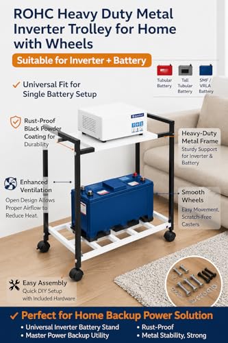 Image of ROHC Heavy Duty Metal Inverter Trolley for Home with Wheels - Inverter Battery Trolley Stand, Rust Proof Black Inverter & UPS Battery Storage Rack for Single Battery (Universal Fit) (White)