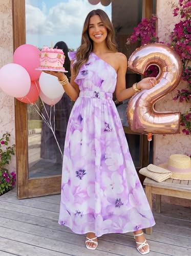 Image of ZESICA Women's 2026 Summer Floral Sleeveless Maxi Dress | One Shoulder, Sleeveless, Ruffle, High Waist, Beach Wedding Guest, Vacation, Graduation, Bridal Shower, Boho Long Dresses