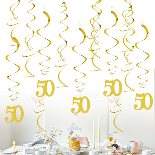 LUMOOM 20 espirales decorativas doradas para 50 cumpleaños, decoración de doble espiral, guirnalda colgante con remolinos brillantes, para decoración de celebraciones, bodas, aniversarios o fiestas