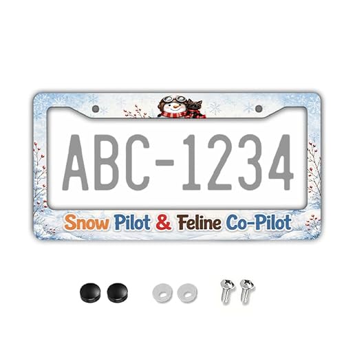 Metal License Plate Frame Licence Plate Cover Snow Pilot & Feline Co-Pilot Winter Christmas Snowman Cat Design for Festive Car