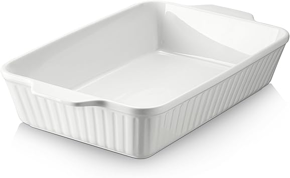 DOWAN 9x13 Deep Lasagna Baking Dish, Ceramic Casserole Dish for Oven, 4 Quarts Embossed Baking Pan with Handles, Oven Safe Bakeware for Roasting, Desserts, Durable & Giftable, Arctic White - Thumbnail 2