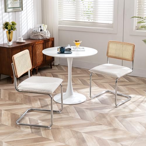Image of Zesthouse Natural Rattan Dining Chairs Set of 4, Modern Kitchen Chairs with Solid Wood Back for Dining Room Living Room, Mid Century Breuer Design Inspired, Upholstered Boule Fabric, White
