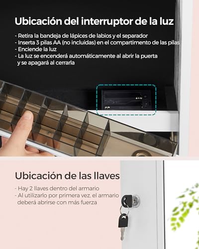 SONGMICS Armario Joyero con Espejo, Organizador de Pie, sin Marco de Cuerpo Entero, Luces LED, Maquillaje Incorporado, 2 Cajones, Cerradura, Blanco Nube JJC023W01 - imagen 9