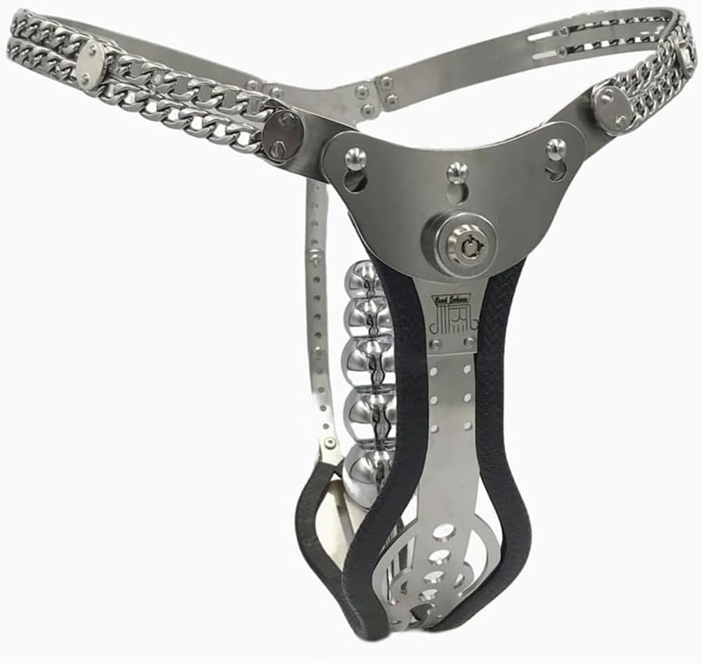 2.0 T型ステンレススチールプッシュロックバージョン調節可能成人女性用貞操帯 拘束具チェーンディテールパンツ アナルプラグオプションsmグッズ (ブラック+5ボールアナルプラグ)