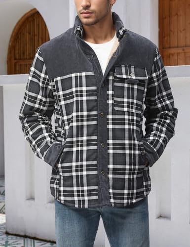 Image of Gihuo Men's Long Sleeve Sherpa Lined Shirts Outdoor Warm Flannel Plaid Jacket Button Down Fleece Coats