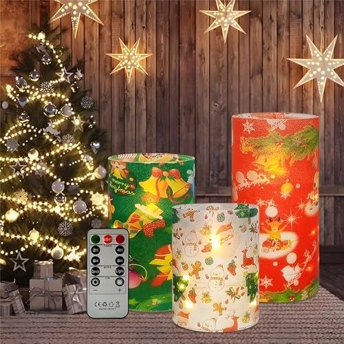 Image of Floral Flameless Candles with String Lights - 3pcs Battery Operated Candle Flickering Christmas LED Pillar Candles with Timer Remote for Home Decor Romantic Ambiance,CH