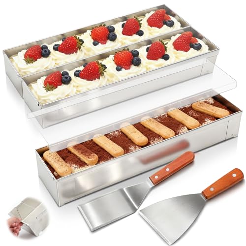 Blushtier 3 Pcs Nonstick Rectangle Tiramisu Cake Pan with Acrylic Lid and 2 Metal Spatula Removable Frame 304 Stainless Steel Cake Baking Molds for Tiramisu Cheesecake Mousse (15.75x3.94x2.56 Inch)