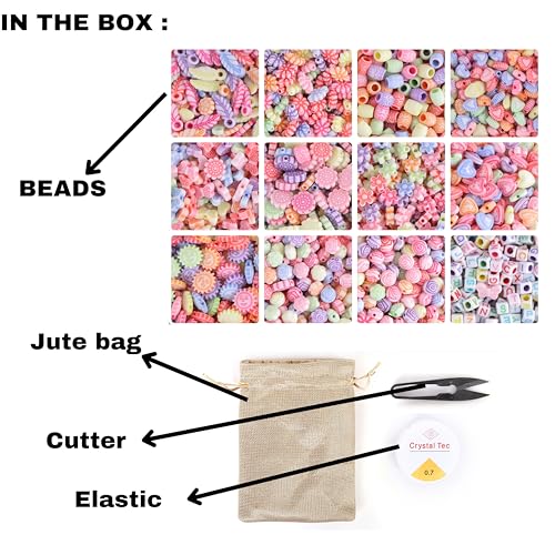 Image of ambitieux 12 Types of Dual Shade Colorful 900+ pcs of Plastic Beads with Elastic,Jute Bag and Thread Cutter - Perfect for Crafting (Kids Bracelet Kit)