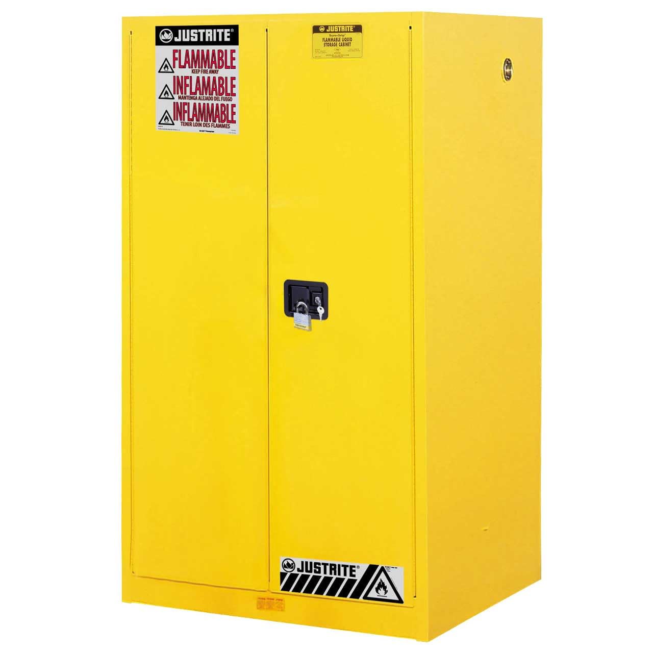 JUSTRITE MANUFACTURING 896020 Yellow 18 Gauge CR Steel Sure-Grip EX Flammable Safety Cabinet with 2 Self-Close Door, 60 gal Capacity, 34