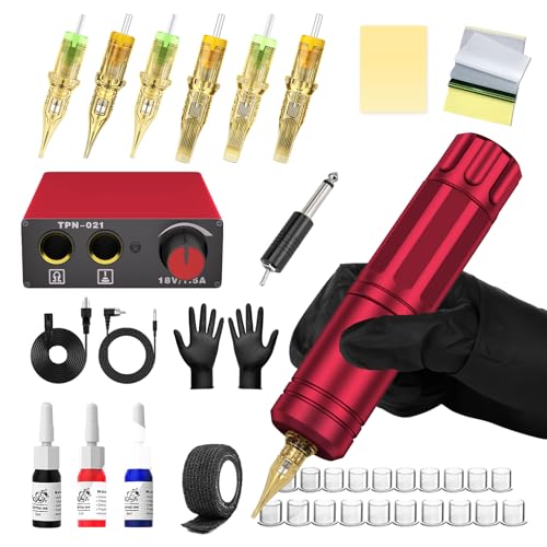 Mokohoa Tattoo Machine Kit, Rotary Pen with Power Supply, Cartridge Needles, Makeup Practice Set (Black)