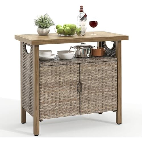 YITAHOME Outdoor Storage Cabinet, Patio Bar Table with Two Doors and Shelves, Weatherproof Wicker Storage Console Table for Outdoor Cushions, Pool Too