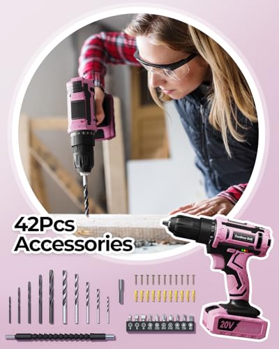 Pink Cordless Drill Set, VIWKO 20V Electric Power Drill for Women, Lightweight Electric Screwdriver Driver with Power Pack & Charger, 3/8" Keyless Chuck, Womens Tool Kit for House
