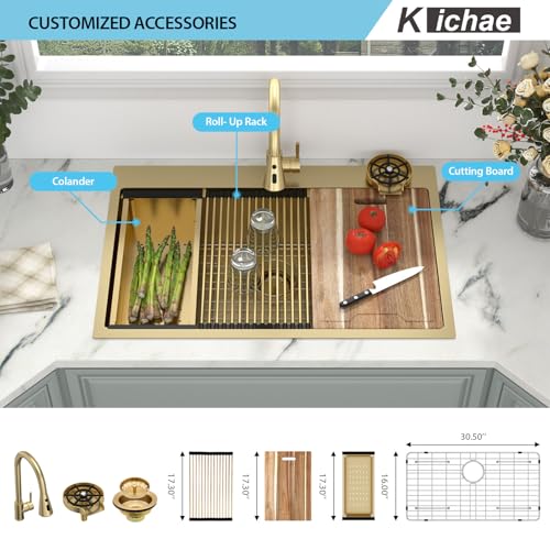 Image of 33 Gold Drop In Kitchen Sink - Kichae 33x22 Gold Brushed Stainless Steel Drop Sink 16 Gauge Ledge Workstation Single Bowl Topmount Overmount Handmade Basin with Faucet & Glass Rinser