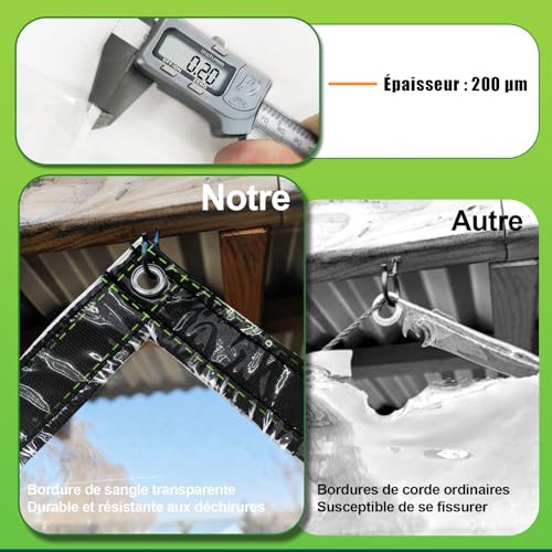 Bache plastique transparente 200 µm haute densité抗UV avec oeillets