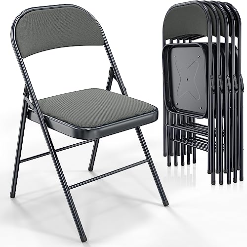 VINGLI 6 Pack Folding Chairs with Padded Seats, Metal Frame with Fabric Seat & Back, Capacity 350 lbs, Gray, Set of 6