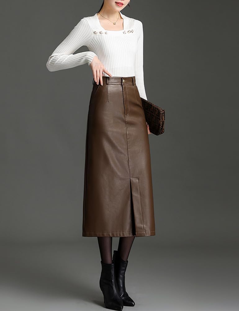 Long Leather Skirts for Women Casual High Waisted Fall Winter Bodycon Midi Skirt with Slit - Image 5