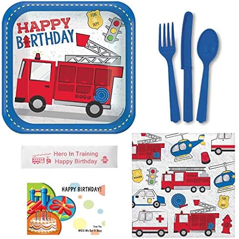 Fire Truck Birthday Party Supplies Bundle Including Plates, Napkins, Utensils, and Bonus Printed Ribbon Cover