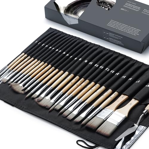 ARTIFY Pinceles Pintura Acrilica Profesionales, 25 Piezas Juego de Pinceles de Nylon Sintético Premium con Rollo Organizador y Cuchillo de Paleta para Acrilica, Gouache, Óleo, Sin Pérdida de Cabello