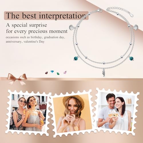 Image of Ladytree S925 Sterling Silver Boho Beach Double Layer Anklets Bracelet for Women Adjustable 9 to 11 inches