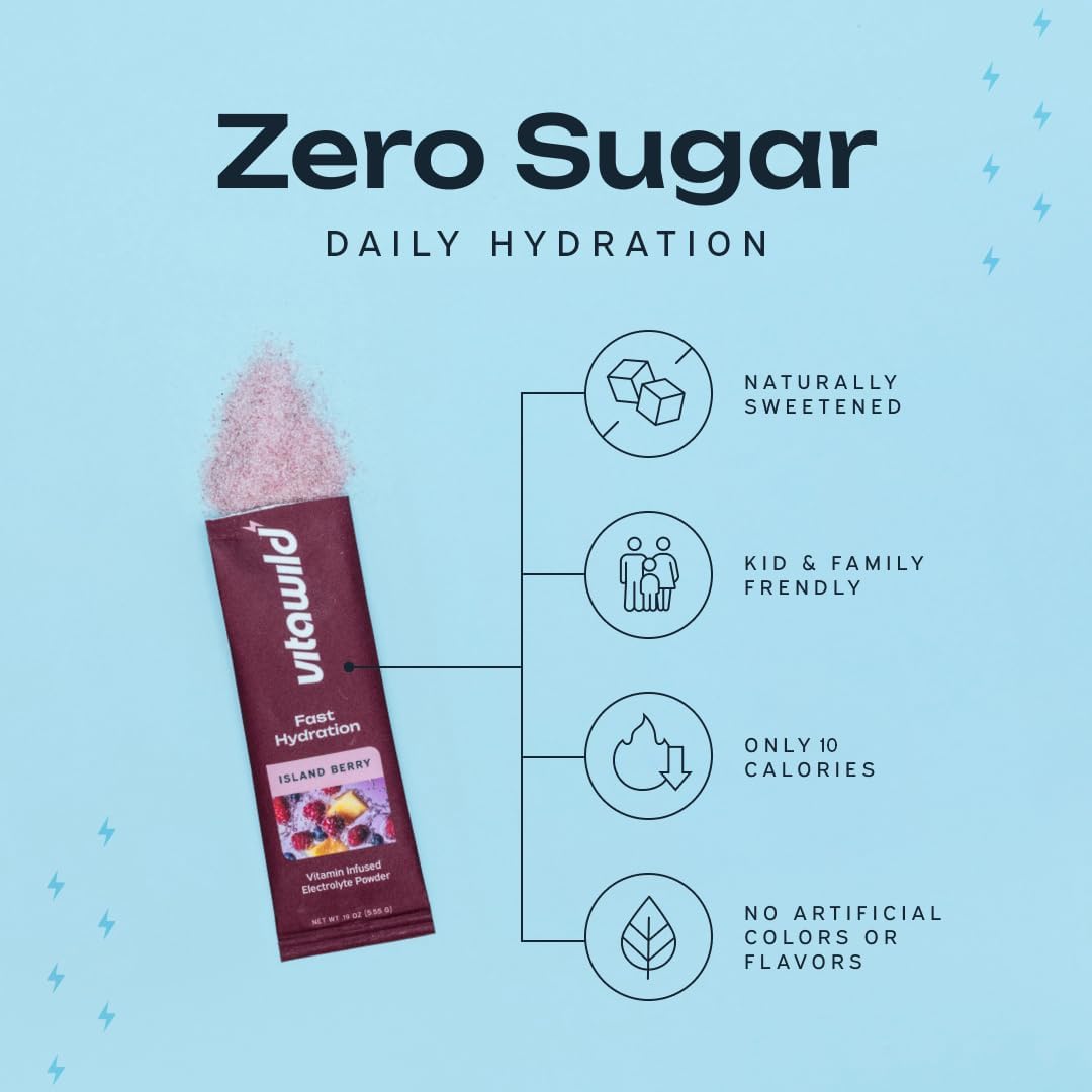 Premium Electrolyte & Vitamin Drink Mix - Zero Added Sugar - Clean Ingredients - 7 Electrolytes & Minerals - 8 Key Vitamins & Nutrients - 15 Single-Serve Sticks (Island Berry) - Image 3