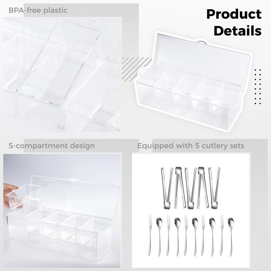 5-Compartment Chilled Condiment Organizer For Outdoor Events, Bbq, Picnic & Camping