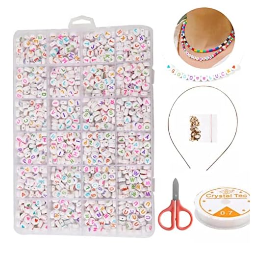 Kit Conjunto Estojo Miçangas 1200 pçs Letra Alfabeto Fecho Fio de Silicone Tiara Para Pulseira E Colares Base Branca - Clamak