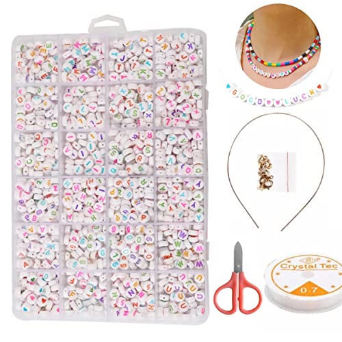 Kit Conjunto Estojo Miçangas 1200 pçs Letra Alfabeto Fecho Fio de Silicone Tiara Para Pulseira E Colares Base Branca - Clamak