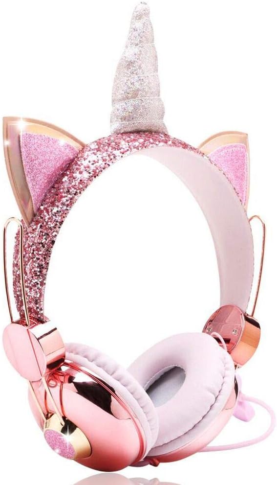 FLOKYU Unicorn Kids Headphones for Girls Children Sparkly Unicorn Headband 85dB over Ear Anime Wired Headphones with Microphone for School/Christmas/Parties (Pink-Unicorn)