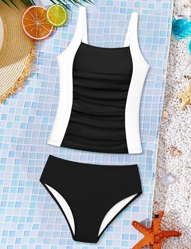 Image of Girls Tankini Swimsuit Solid Color Blocking Two Piece Bathing Suit Ruched Slimming Teen Girls' Swimwear for 9-18Years