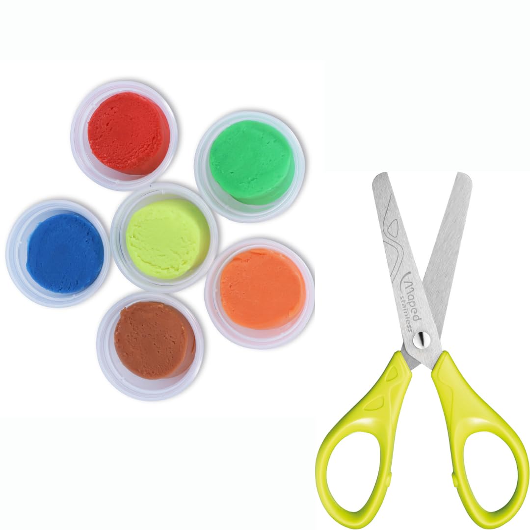 Maped 6 piezas de masa para modelar con herramientas y 1 tijera de 13 cm, arcilla de masa, masa de arcilla, masa de moldeo, masa no tóxica, regalos de devolución, regalos de cumpleaños, regalos Rakhi