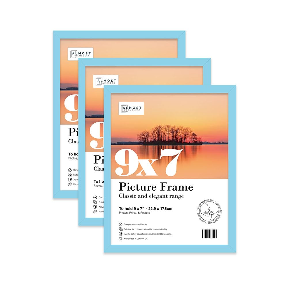 Almost Frameless 9x7 Light Blue Picture Frame Set of 3, Display 9x7 Picture Gallery Wall, Poster, Photo, Artwork, or Print, Yellow