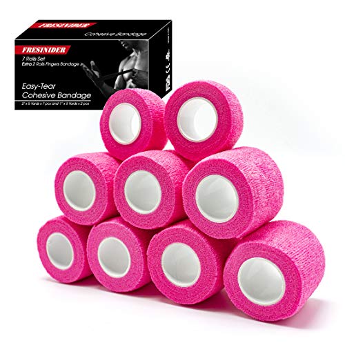 Fresinider 9 Rolls Self Adhesive Wrap Athletic Tape Gauze, Breathable Elastic Cohesive Bandage For Sports Injury & Pet (7 Pcs 2"X 5 Yards + 2 Pcs 1" X 5 Yards) (Pink) #TOP5