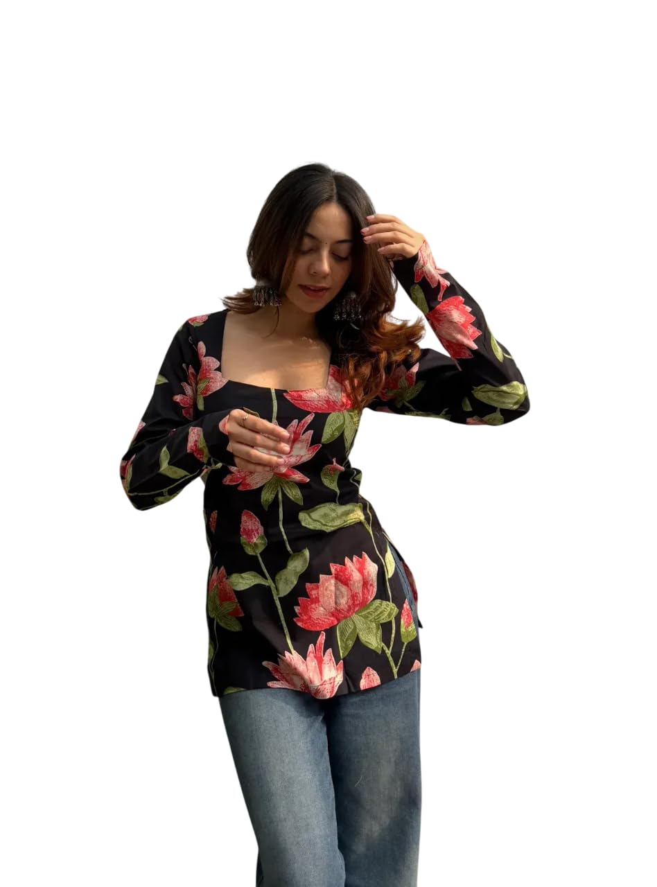 sarixa Women's Cotton Printed Regular Fit, Square Neck, Full Sleeve | Casual & Ethnic Short Kurti, Tunic Top for Indo-Western Styling | Lightweight & Comfortable Fabric-picture-46