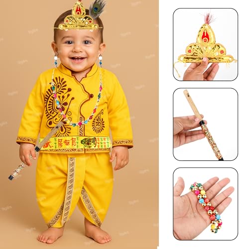 Image of Zest 4 Toyz Kids Krishna Dress Costume for Janmashtami Boys Kanha Fancy Dress Dhoti, Patka, Kundal, Morpankh, Mukut, Bansuri, Bajuband, Kamarband