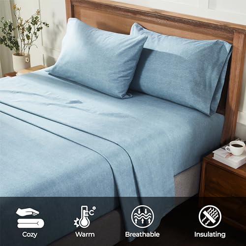 Image of Superior Melange Flannel Cotton Sheet Set, Ultra-Soft Textured Sheets, Modern, Farmhouse Bedding, Basics, Includes; Flat Sheet, Elastic Deep Pocket Fitted Sheet, Pillowcases, King, Blue