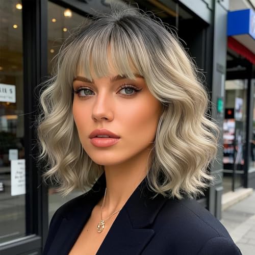 Rose bud Wavy Bob Wig with Bangs Natural Ombre Blonde Wig Synthetic...