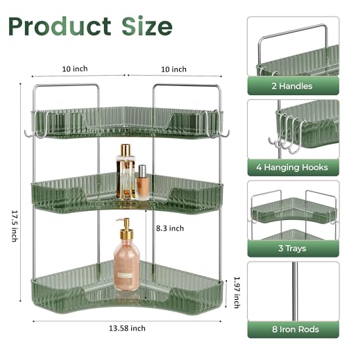 Image of 3-Tier Green Corner Organizer, PET Counter Storage with Hooks | Multi-Surface Organizer for Bathroom Vanity & Kitchen Countertop