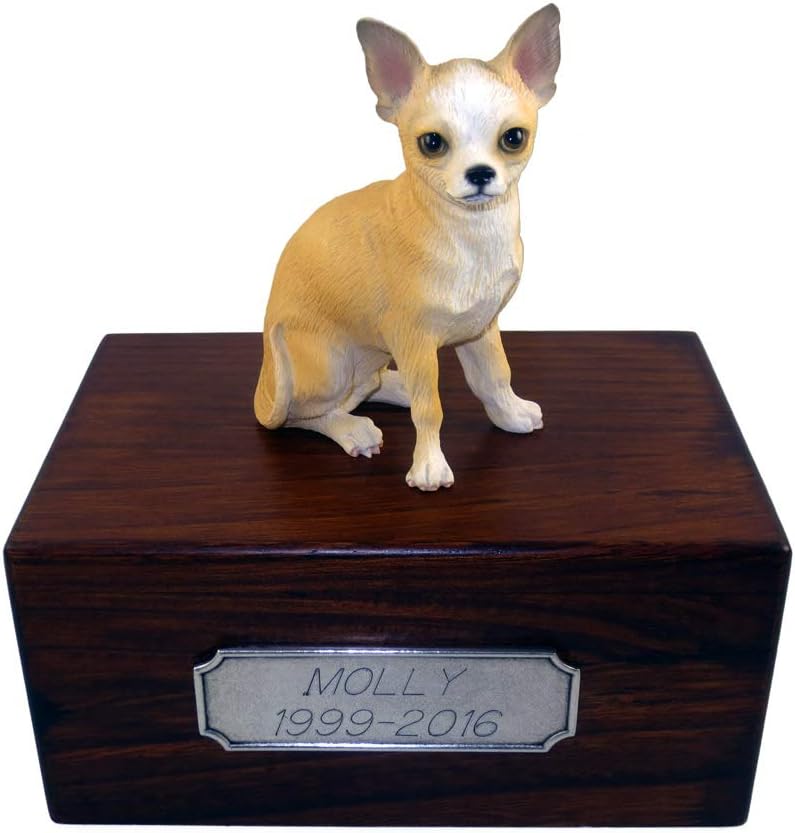 Conversation Concepts Beautiful Paulownia Small Wooden Urn with White & Tan Chihuahua Figurine & Personalized Pewter Engraving