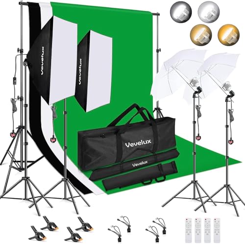 Vevelux Photo Studio Lighting Kit with 2.6X3 M/8.5X10 FT Adjustable Backdrop Stand 4X45W Dimmable LED Light 3000-5500K Umbrellas Softbox Kits 3 Color Backdrop for Portrait Video Shoot Photography